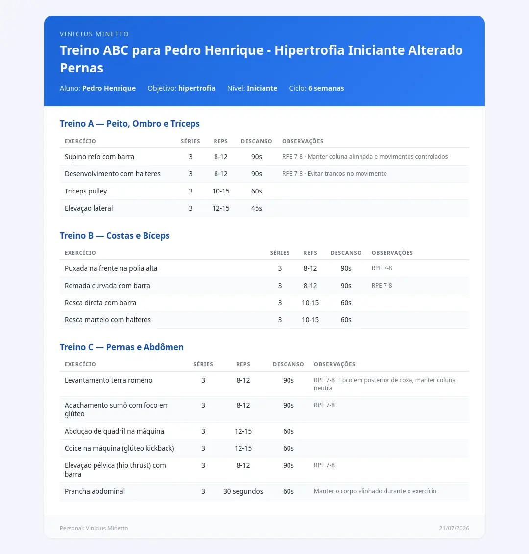 Treino exportado em PDF